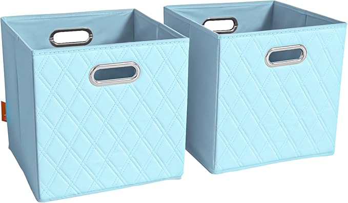 FH Group JIAessentials 13" Faux Leather Foldable Storage Cube Bins Set of 2 – Blue Diamond Patterned Organizers with Handles for Closet & Shelves