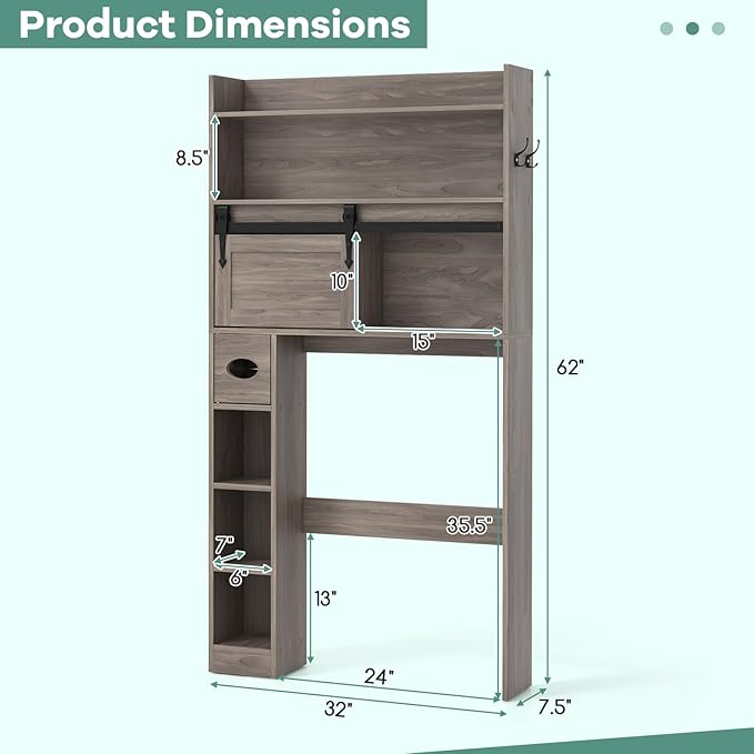 Tangkula Over The Toilet Storage Cabinet, Farmhouse Freestanding Above Toilet Rack w/Sliding Barn Door, Adjustable Shelves, Toilet Paper Holder, 2 Hooks, Bathroom Space Saver (Retro, Grey)