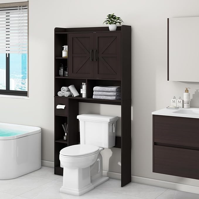 Over The Toilet Storage Cabinet, Farmhouse Storage Cabinet Over Toilet with 2 Barn Door & Toilet Paper Holder Stand, Home Space-Saving Toilet Rack, for Bathroom, Restroom (Black)