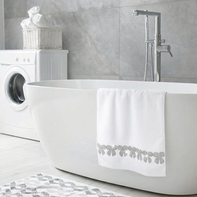 2 Pcs White Sparkling Hand Towels with Rhinestone Bow for Bathroom 100% Cotton Glitter Soft Elegant Hand Bath Towels Absorbent Machine Washable for Spa Yoga Hotel Sport, 29.5" x 13.8"