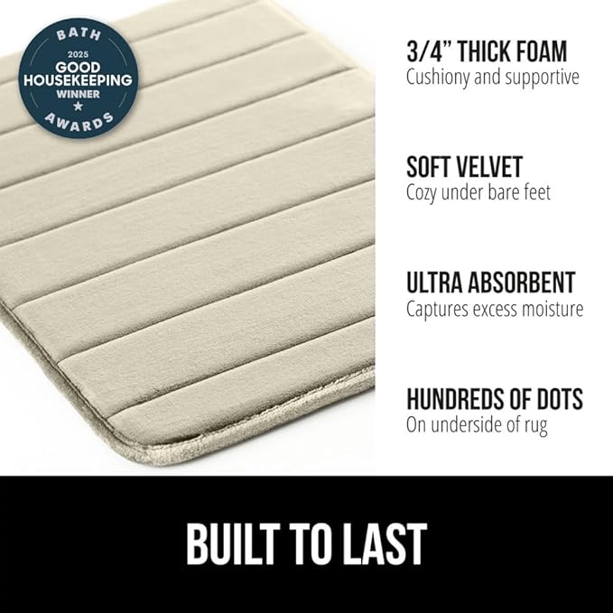 GORILLA GRIP Memory Foam Bath Mat, Soft Absorbent US Designed Bathroom Rug, Gripping Dots Machine Washable Bathmat, Cushioned Floor Mats, Shower Sink Rugs Room Décor Accessories, 24x17 Champagne