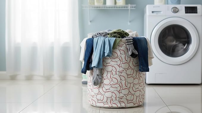 CLOCOR Round Collapsible Flat Storage Basket,Space-Saving Fabric Laundry Hamper for Clothes,Nursery Hamper,Gift Basket(Pile up Baseball)
