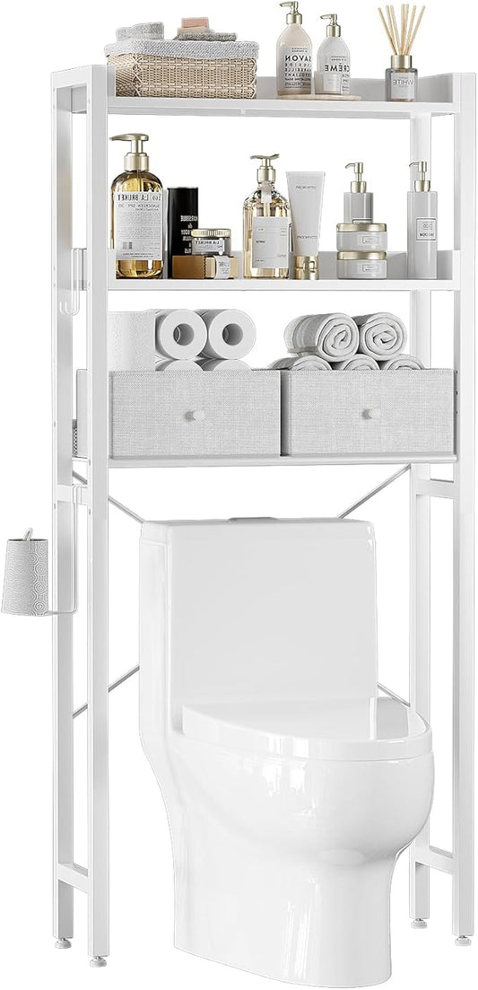 Housolution Over The Toilet Storage with 2 Drawers, 3 Tier Over Toilet Bathroom Organizer with Height Adjustable Shelves and Hooks, Space Saver Above Toilet for Bathroom/Restroom/Laundry, White