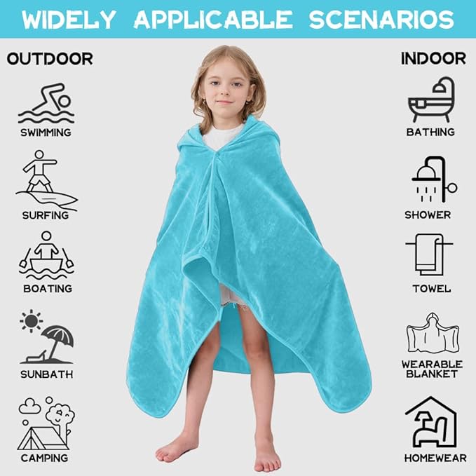 Hiturbo Kids Hooded Bath Towel: 100% Cotton Soft Thick Absorbent Towels Wrap - 50"x30" Shower Beach Pool Wearable Blanket for 3-12 Yrs Boys Girls - Blue