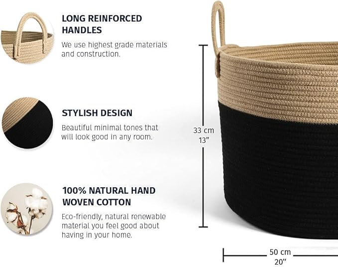 XL Cotton Rope Basket w/Handles + Large Landry Basket - BLACK