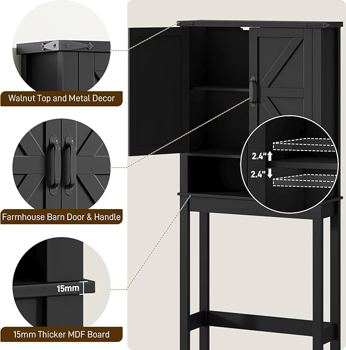 Over The Toilet Storage Cabinet, Farmhouse Over Toilet Bathroom Organizer with 2 Barn Doors, Narrow Above Toilet Storage Cabinet, Behind Toilet Bathroom Organizer, Black