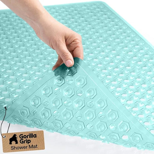 GORILLA GRIP Patented Bath Tub Shower Mat, Machine Washable Bathtub Floor Liner Mats, Suction Cups and Drain Holes to Keep Tubs Clean, Soft on Feet, Bathroom Essentials, 35x16 Inch, Clear Green
