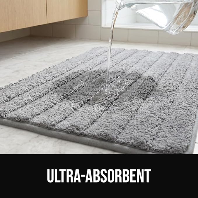 GORILLA GRIP Textured Backing Bathroom Rugs, Soft Memory Foam Absorbent Striped Bath Mats Set of 2, Machine Washable Fade Resistant, Floor Bathmat, Home Decor Shower Essentials, Grey 24x16 and 30x18