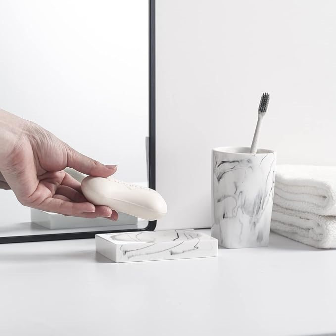 5-Piece Bathroom Counter Top Accessory Set - Dispenser for Liquid Soap or Lotion, Soap Dish, Toothbrush Holder and 2 Tumblers, Marble Pattern Resin (Ink White)