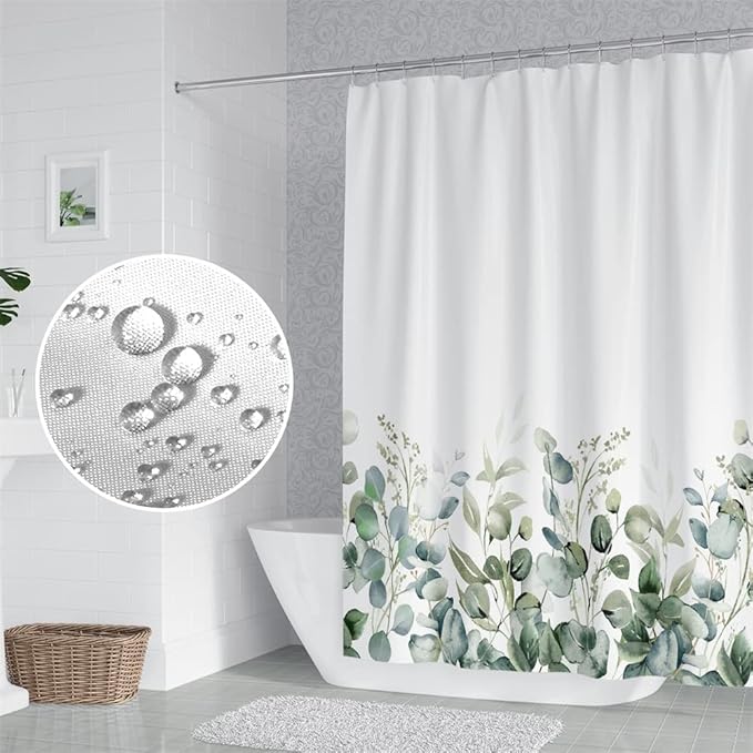 Green Eucalyptus Leaves Shower Curtain Spring Leaf Wild Nature Plants for Bathroom Farmhouse Style Home Decor Waterproof Polyester Fabric Shower Curtain with Hooks, 72x84 Inch
