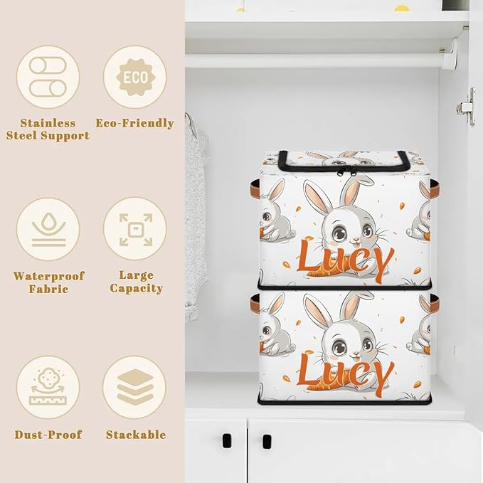 Custom Cute Rabbit Storage-Bin With Zipper Lid for Kids-Girls-Boys-Baby-Pet,Personalized Name Foldable Storage Box with Handle,Baby Basket With Label for Bedroom Nursery Toy Clothes