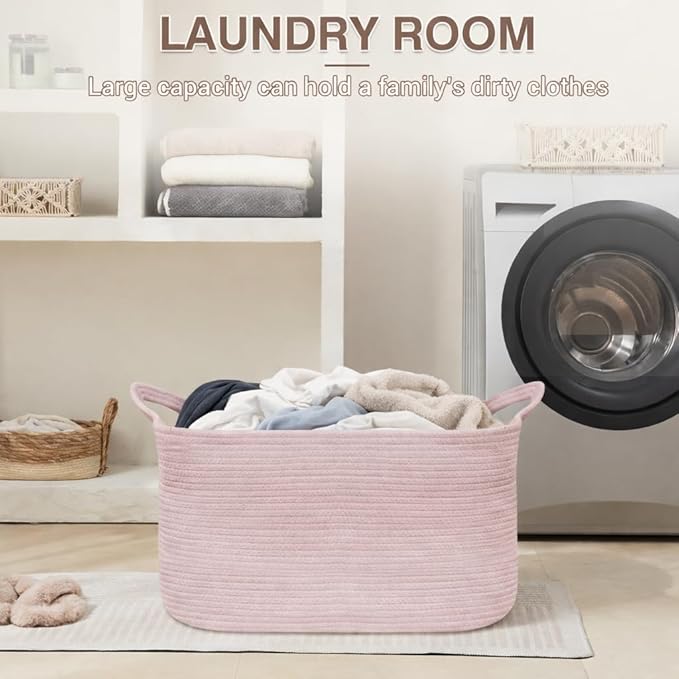 YOUDENOVA Nursery Storage Basket，21.6''×14.9''×11.8'' Rectangle Cotton Rope Blanket Basket, Nursery Laundry Hamper for Organizing，Toy Basket for Living Room, Bedroom Pink