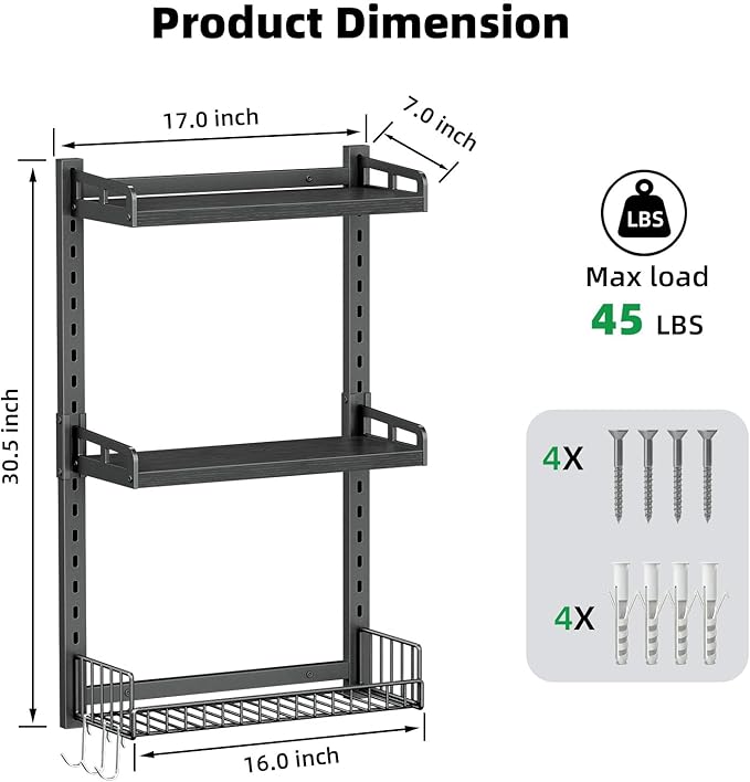 3 Tier Bathroom Shelves Over Toilet - Wall Mounted Floating Shelves with Drain Basket, Toilet Paper Storage, Height Adjustable Over The Toilet Storage, Pure Black