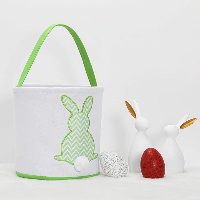 MONOBLANKS Easter Bunny Basket Bags, Rabbit Bucket Tote for Easter Egg Hunts Decorations Candy Gifts Storage (Green(wave))