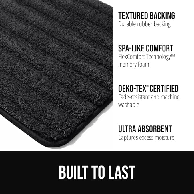 GORILLA GRIP Textured Backing Bathroom Rugs, Soft Memory Foam Absorbent Striped Bath Mats, Machine Washable & Fade Resistant, Bathmat Accessories for Floor, Home Decor Shower Essentials, Black 34x20