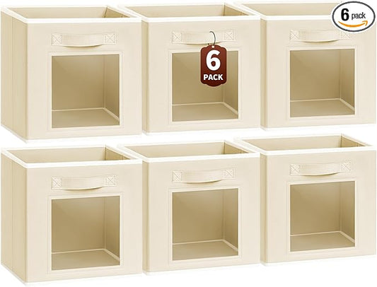 Storage Baskets for Organizing - 6 Pack Cube Storge Bins, Foldable Storage Bins with Handle, Closet Organizers and Storage Baskets for Toys, Clothes, Beige
