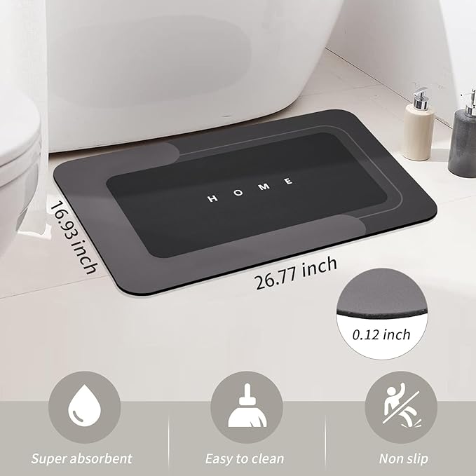 Housego Absorbent Bath Mat Magic Rug, Quick Drying Magic Bath Mat Non-Slip Floor Rug Rubber Backed for Bathroom Kitchen Shower Sink, Water Absorbent (1PC, 16.93''x26.77'', Black)