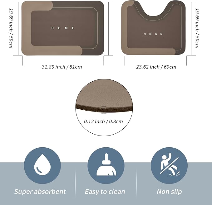 2PCS Absorbent Bath Mat Magic Rug Sets, Quick Drying Bath Mat Non-Slip Floor Rug Rubber Backed for Bathroom Kitchen Shower Sink, Water Absorbent (19.7''x23.6''+19.7''x31.9'', Brown)
