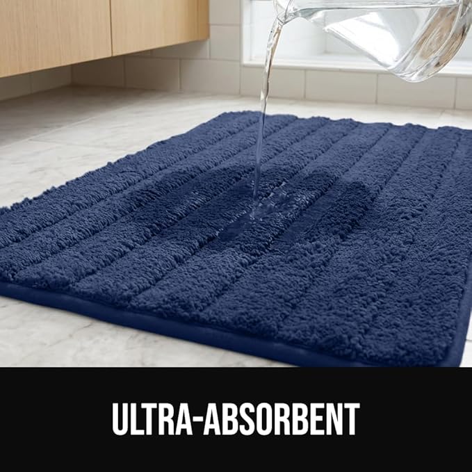 GORILLA GRIP Textured Backing Bathroom Rugs, Soft Memory Foam Absorbent Striped Bath Mats, Machine Washable & Fade Resistant, Bathmat Accessories for Floor, Home Decor Shower Essentials, Navy 34x20