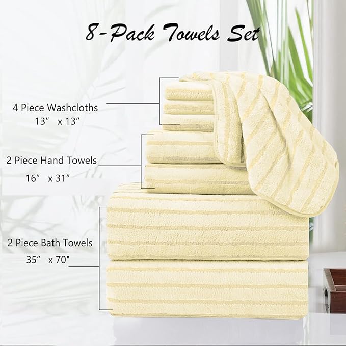 8 Pcs Light Yellow Cabana Stripe Bath Towel Set Oversize Bath Sheet-2 Bathroom Towels,2 Hand Towels,4 Washcloths Soft Jumbo Towels Absorbent Shower Towel Quick Dry Beach Chair Towel for Spa Gym Hotel