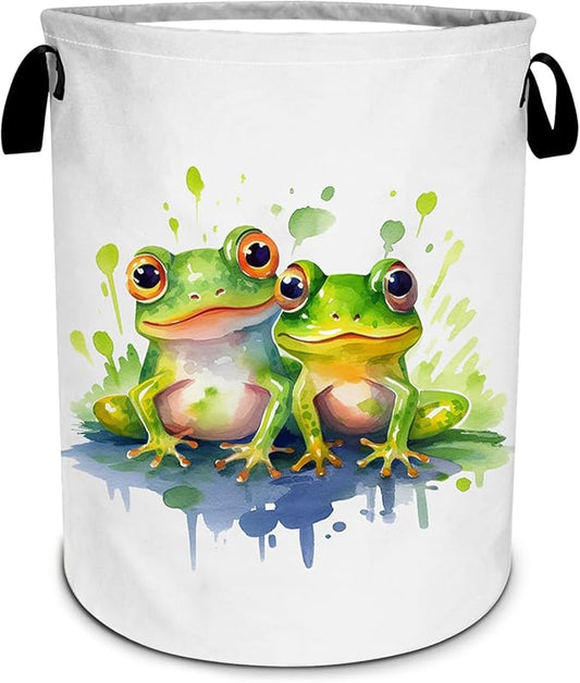 Watercolor Frog Laundry Basket, Foldable Waterproof Oxford Cloth Laundry Hamper Funny Tote Bag Dirty Clothes Storage Bucket Toy Organizer for Bathroom/Laundry/Bedroom 15.7"x19.6"