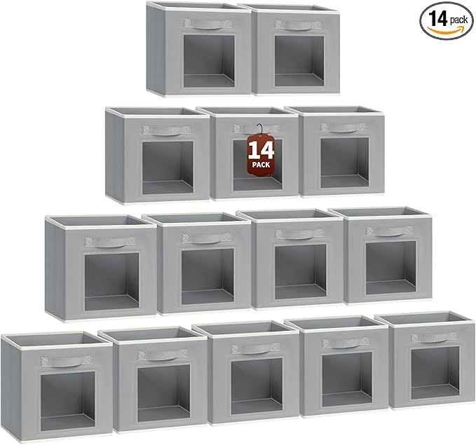 Storage Cube 11 Inch - Cube Storage Bins with Window, Closet Storage Baskets with Handle, Fabric Bins for Closet, Shelves, Toys, Clothes, Set of 14, Grey