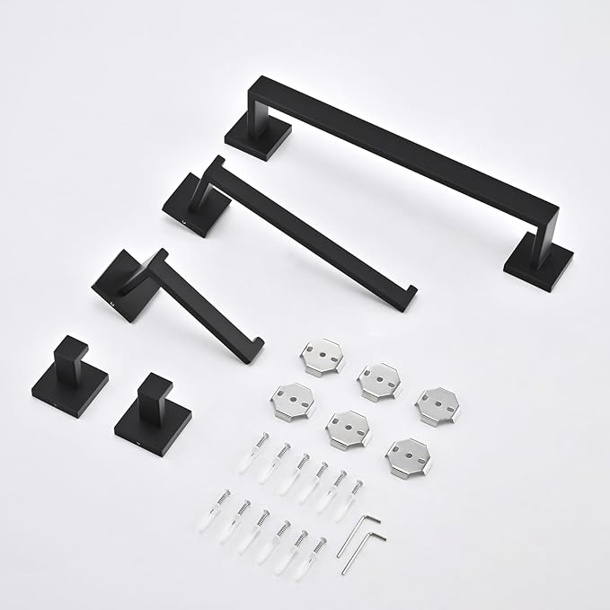 5 Piece Bathroom Hardware Set Matte Black, SUS304 Stainless Steel Towel Bar Set, Modern Square Accessories with 16 Inch Rack Toilet Paper Holder Robe Hooks (Matte Black)