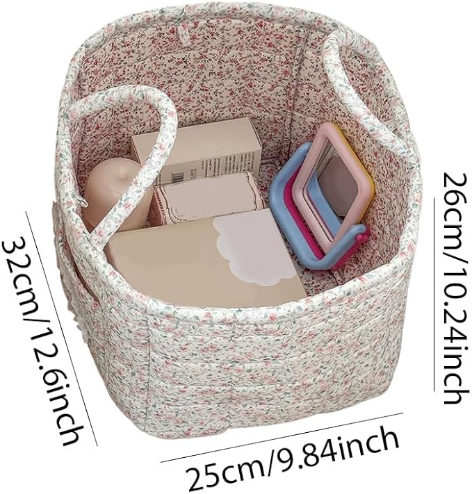 JQWYGB Foldable Laundry Basket Boho Bear Storage Basket Floral Quilted Fabric Car Storage Basket Handles Large Laundry Baskets for Clothes and Dolls