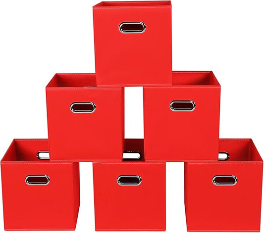 Fabric storage bins Cubes, Fabric Cube Organizer with Handle, Foldable Cube Bins for Cloth or Accessary Storage, 11x11x11, Set of 6, (Red)
