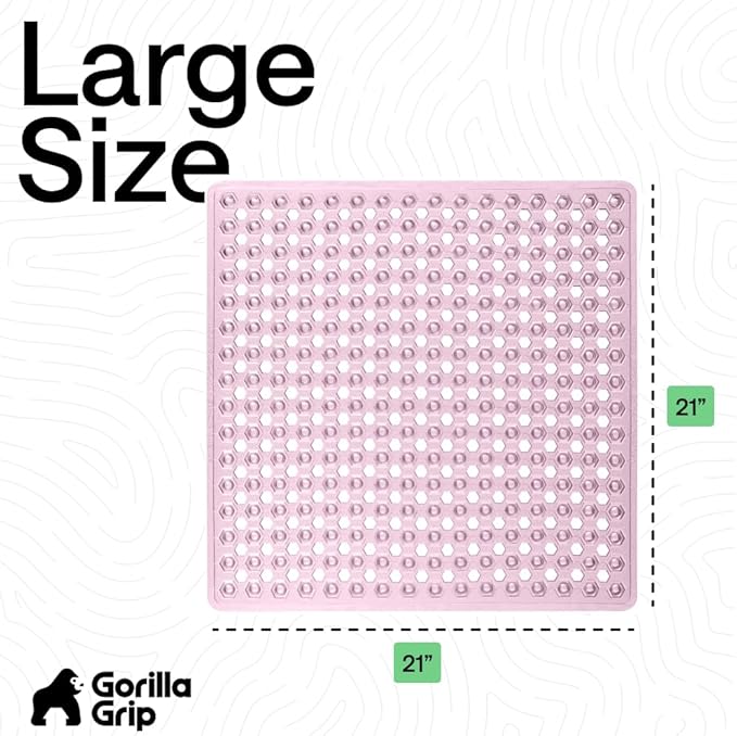 GORILLA GRIP Patented Square Shower Stall Mat, Small Bathtub Floor Mats for Stand Up Showers, Suction Cups and Drainage Holes, Machine Wash, Soft on Feet, Bathroom Accessories 21x21 Inch, Light Pink