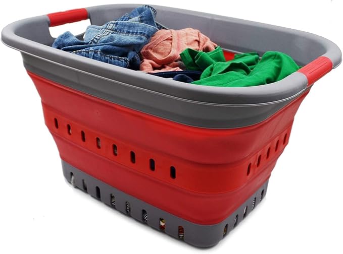 SAMMART 37L (9.77 gallon) Collapsible Plastic Laundry Basket - Foldable Pop Up Storage Container/Organizer - Space Saving Hamper/Basket (1, Grey/Red)