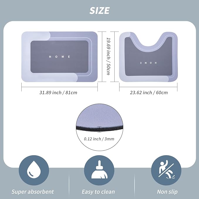 2PCS Absorbent Bath Mat Magic Rug Sets, Quick Drying Bath Mat Non-Slip Floor Rug Rubber Backed for Bathroom Kitchen Shower Sink, Water Absorbent (19.7''x23.6''+19.7''x31.9'', Blue)