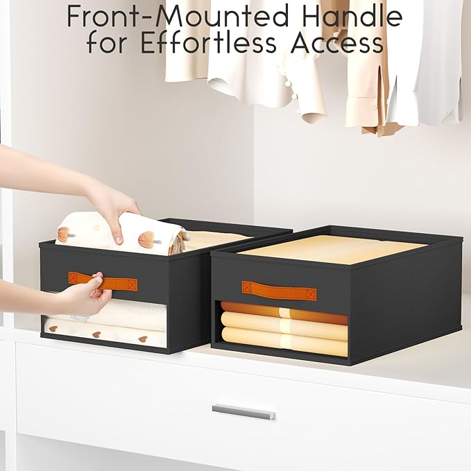Closet Organizers and Storage - 12 Pack Storage Bins Baskets for Organization Foldable Closet Organizer with Clear Window & Handles for Clothes, Toys, Towels, Small Essentials (Black)