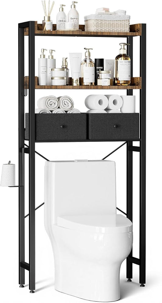 Housolution Over The Toilet Storage with 2 Drawers, 3 Tier Over Toilet Bathroom Organizer with Height Adjustable Shelves and Hooks, Space Saver Above Toilet for Bathroom/Restroom/Laundry, Black+Brown