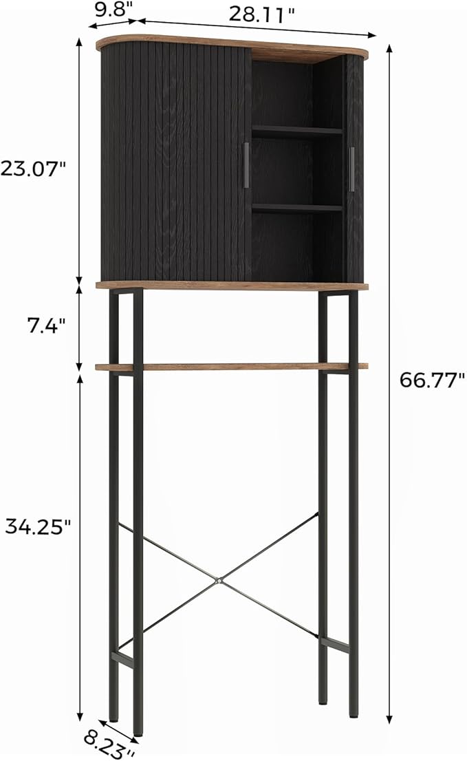 Over The Toilet Storage Cabinet with 2 Sliding Door, Adjustable Shelf Bathroom Organizers and Storage with Anti-Tip Device, Waterproof, Space Saver for Bathroom, Restroom, Laundry, Black