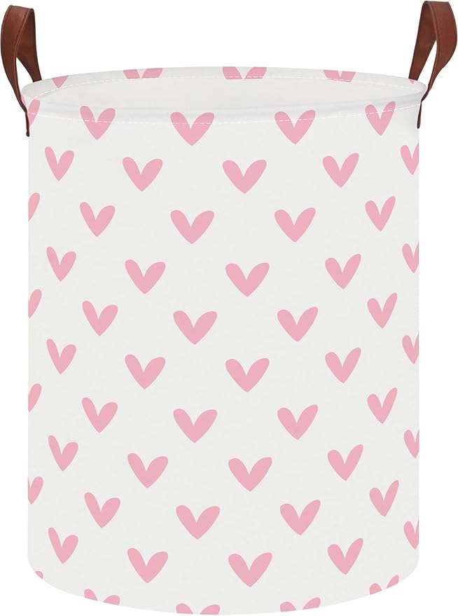 19.7" Pink Cute Heart Laundry Basket,Kids Dirty Clothes Hamper,Waterproof Toys Storage Bin,Room Decor,Gift Baskets,Baby Nursery Hamper(Pink Heart)