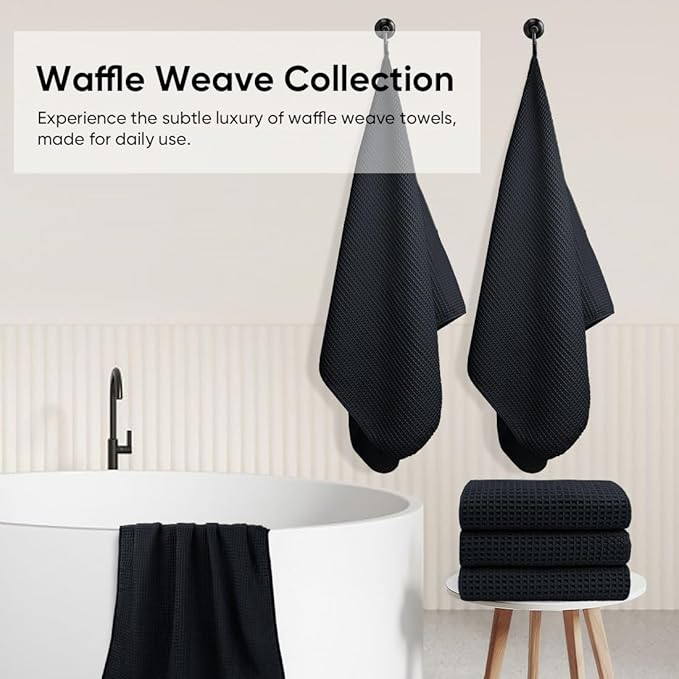 HOMEXCEL Waffle Bath Towels Set 4 Pack, Premium Microfiber Bathroom Towels, Lightweight, Highly Absorbent and Quick Dry Towel for Bathroom, Gym, Shower, Hotel, and Spa, 27 x 54 Inch, Black