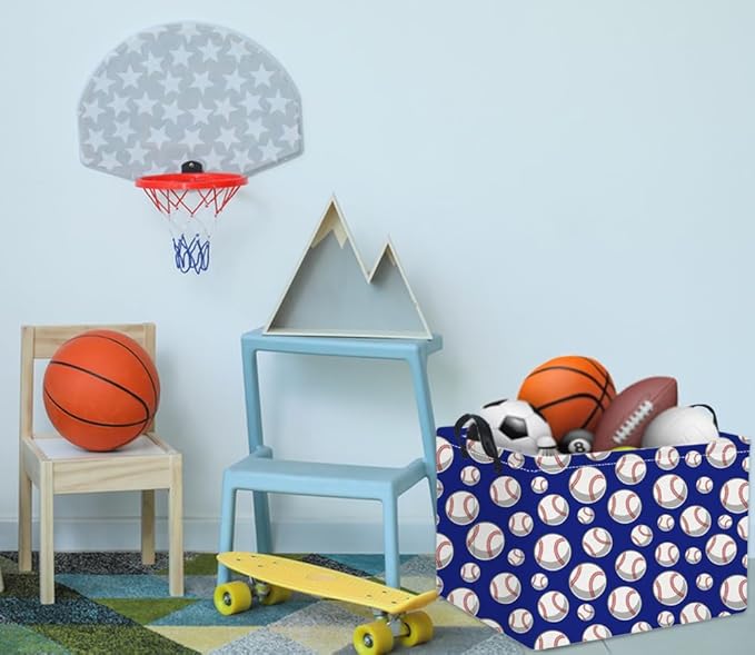 HIYAGON Rectangular Baseball Toy Storage Bin Organizer Box - Kids Gift Basket (Blue Baseball)