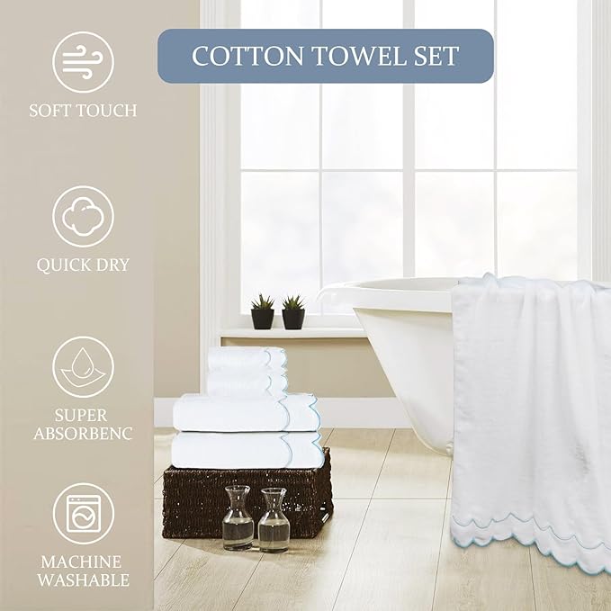 4 Set 100% Cotton Bath Towels Set 2 Bath Towels 2 Hand Towels Embroidered Decorative Scalloped Towels Soft Cute Towel for Bathroom (Blue)