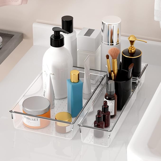 25 PCS Clear Plastic Drawer Organizer Set, Non-Slip/Crack Bathroom Vanity Drawer Organizer Trays Dividers, Versatile Storage Bins for Makeup, Jewelry and Office, Desk, Bathroom, Bedroom, Kitchen