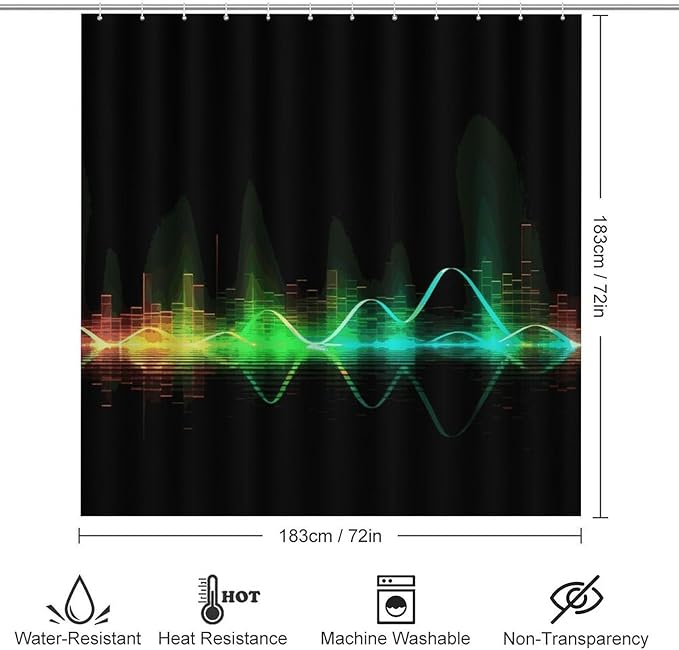 4 Piece Bathroom Rug Set with Shower Curtain, Non-Slip Bath Mat Toilet Cover Set, Cool Music Sound Wave Bathroom Rug Sets