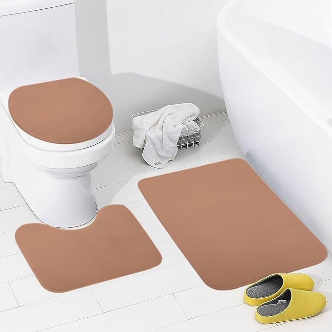 3 Pieces Bath Rug Sets, Terracotta Trend Color Bathroom Mat Set Non Slip U Shaped Contour Rug & Toilet Lid Cover