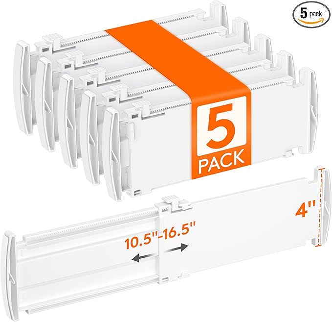 Lifewit 4" Tall 5 Pack Drawer Dividers, 27-42cm/10.5-16.5" Expandable Drawer Divider for Clothes, Adjustable Dresser Drawer Organizers, Drawers Separators for Dresser/Bathroom/Closet/Kitchen White