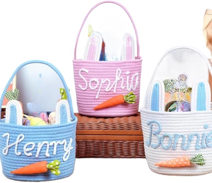 Personalized Easter Basket for Kids, Custom Name Easter Bunny Basket, Easter Egg Hunt Basket, Easter Bucket, Boy Girls Easter Basket (26x20x6cm)