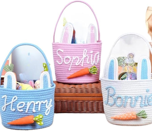 Personalized Easter Basket for Kids, Custom Name Easter Bunny Basket, Easter Egg Hunt Basket, Easter Bucket, Boy Girls Easter Basket (26x20x6cm)