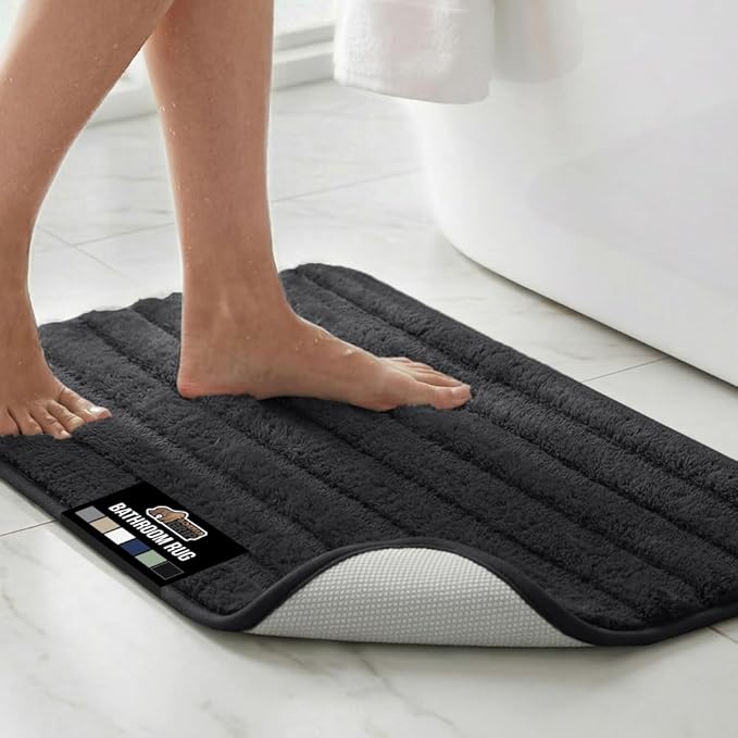 GORILLA GRIP Textured Backing Bathroom Rugs, Soft Memory Foam Absorbent Striped Bath Mats, Machine Washable & Fade Resistant, Bathmat Accessories for Floor, Home Decor Shower Essentials, Black 30x18