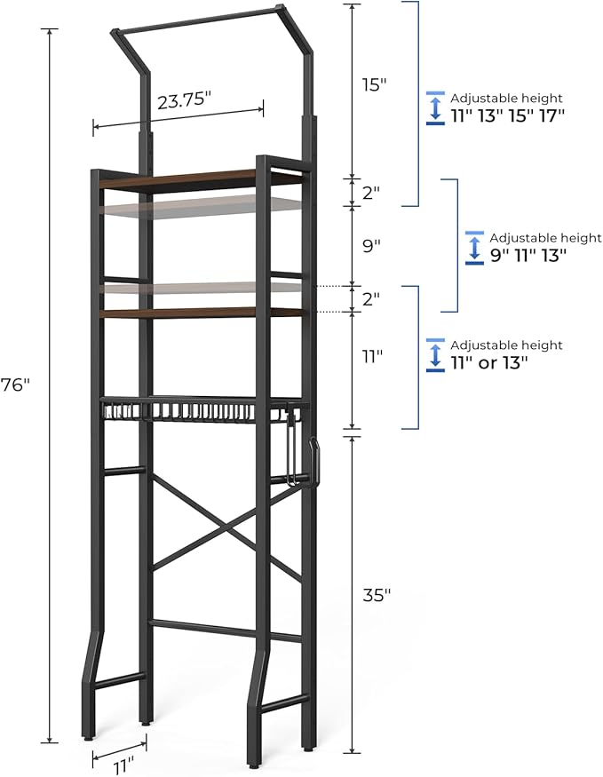 Over-The-Toilet Storage Rack, 3-Tier Bathroom Organizer Shelf Over Toilet with Adjustable Shelf and Basket, Freestanding Space Saver Bathroom Shelves Above Toilet for Room (Vintage Brown)