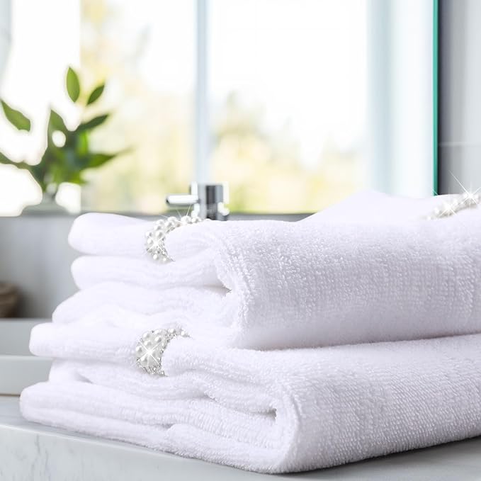 2 Pcs White Sparkling Hand Towels with Pearl for Bathroom 100% Cotton Glitter Soft Elegant Hand Bath Towels Absorbent Machine Washable for Spa Yoga Hotel Sport, 29.5" x 13.8"