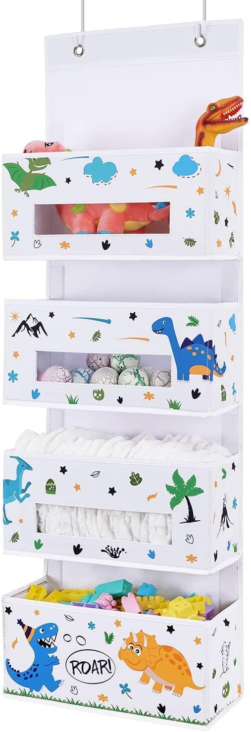 WERNNSAI Dinosaur Over Door Hanging Organizer - Behind Door Storage with 4 Clear Window Pockets for Baby Boys Room Organization Toy Diaper Closet Pantry Bedroom Bathroom Nursery Decor