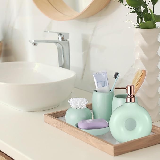 5 Pcs Ceramic Bathroom Accessories Set Includes Soap Dispenser Toothbrush Cup Holder Soapbox Holder Stylish Modern Bathroom Matte Glaze Decor (Green)